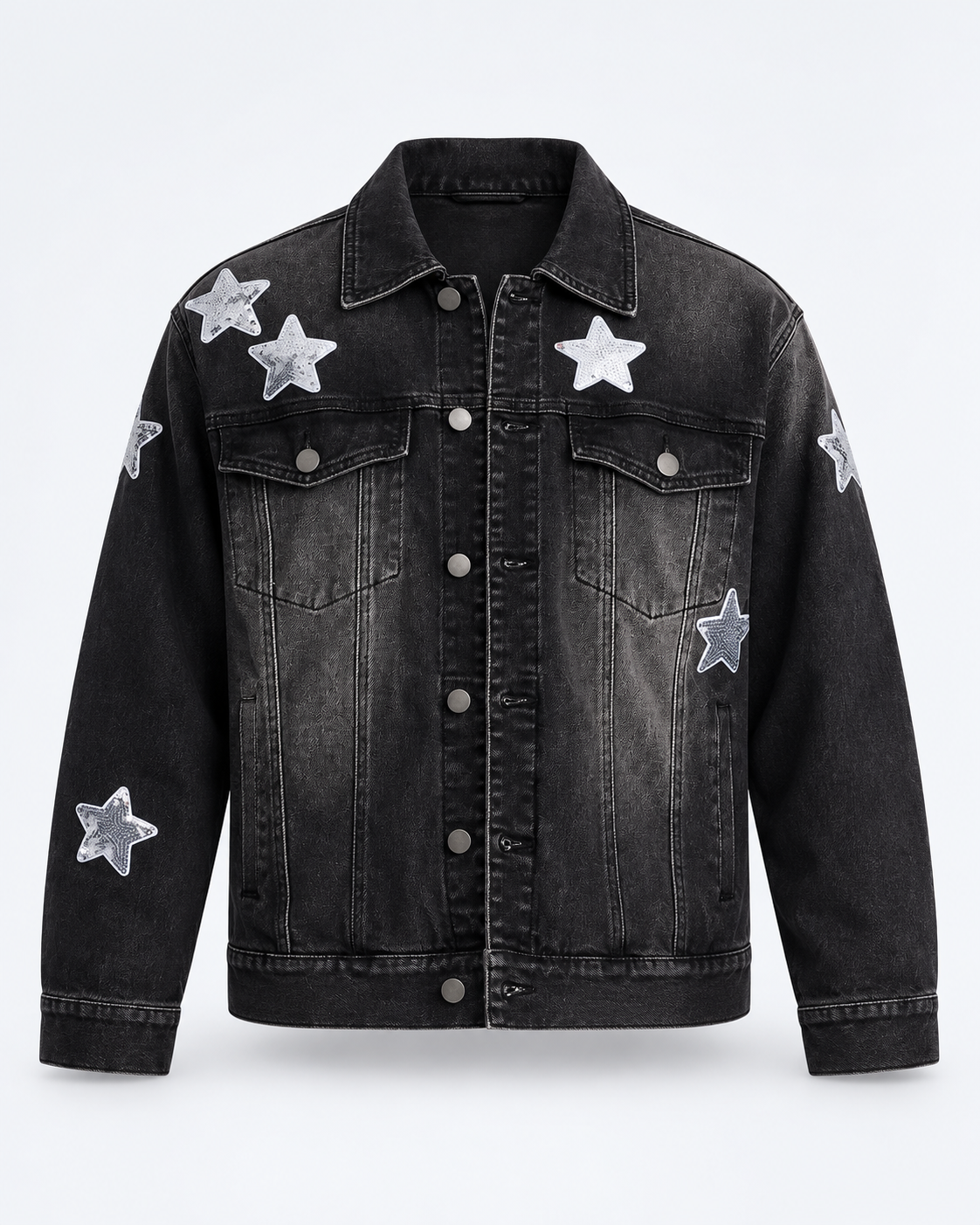 Electric Sequin Star Denim Trucker Jacket - Deslavado Negro