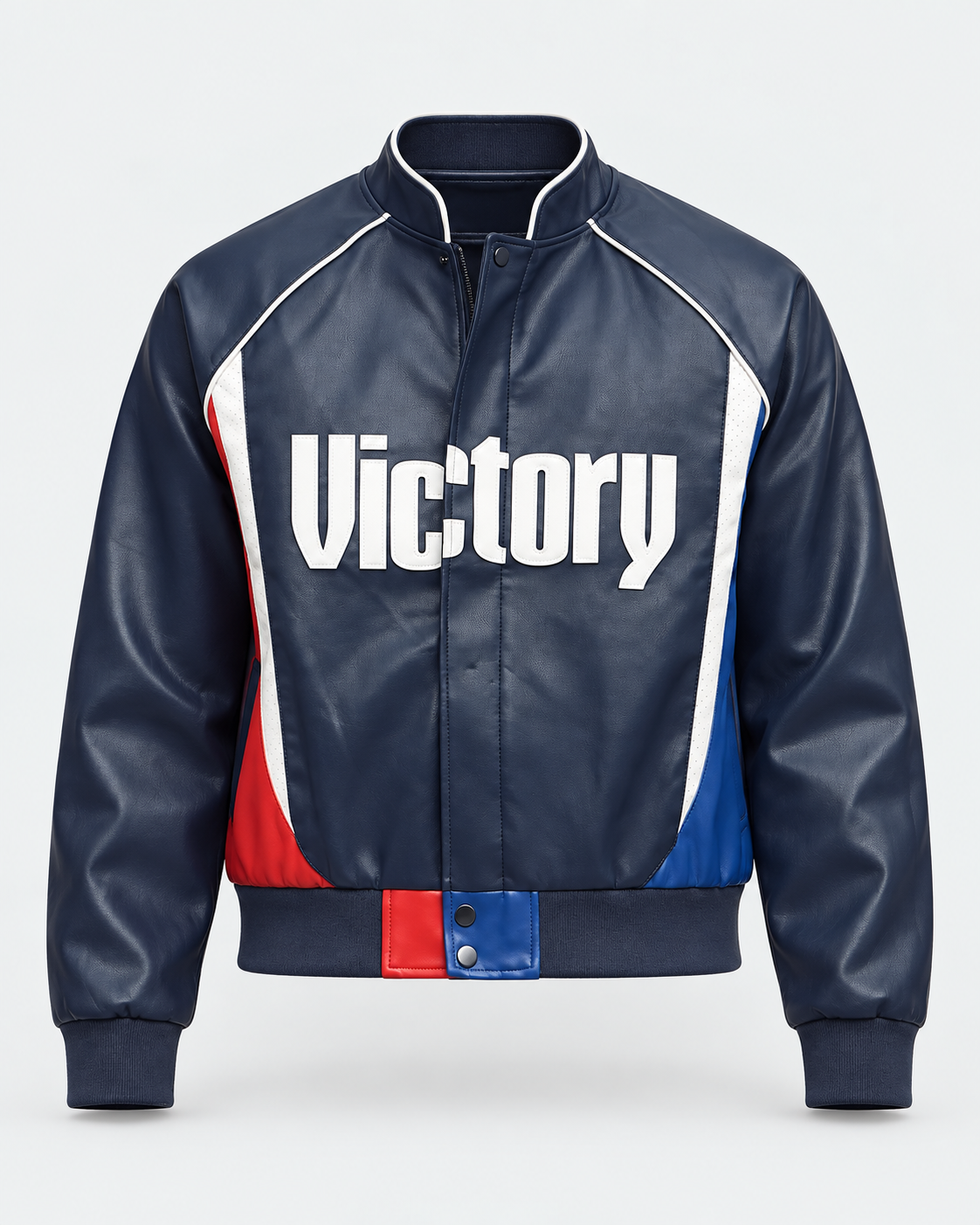 King Faux Leather Moto Bomber Jacket - Azul Marino/Combinado