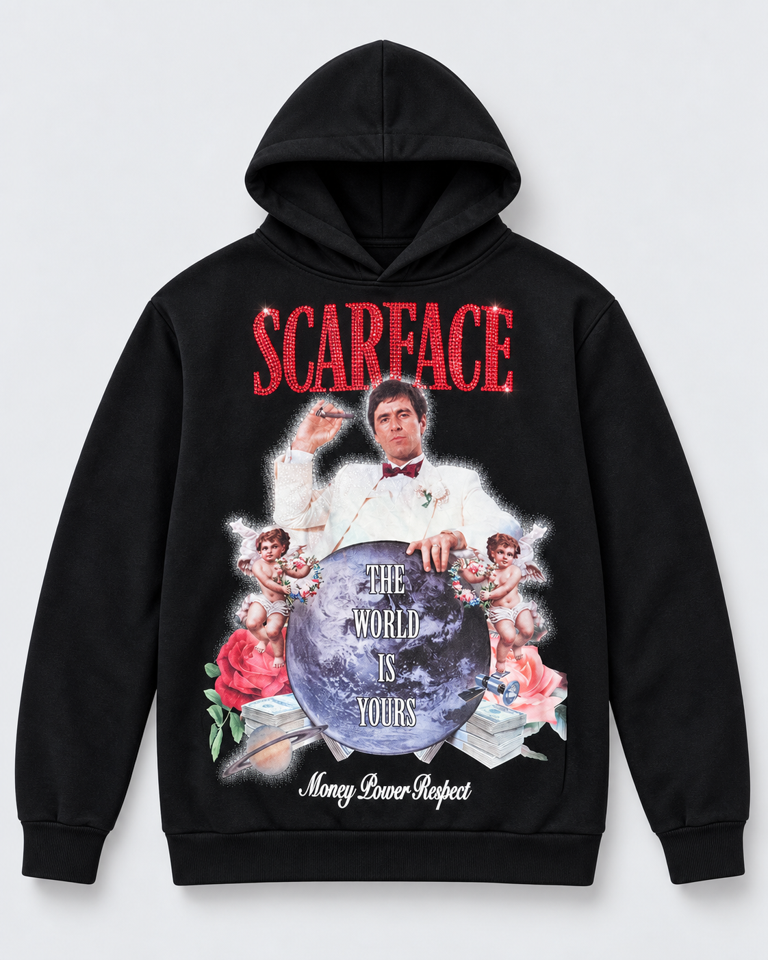 Scarface The World Is Yours Rhinestone Hoodie - Negro