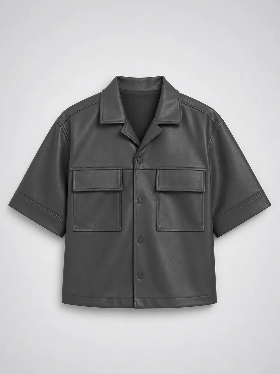 Cropped High Stepper Faux Leather Button Up Shirt - Gris Oscuro