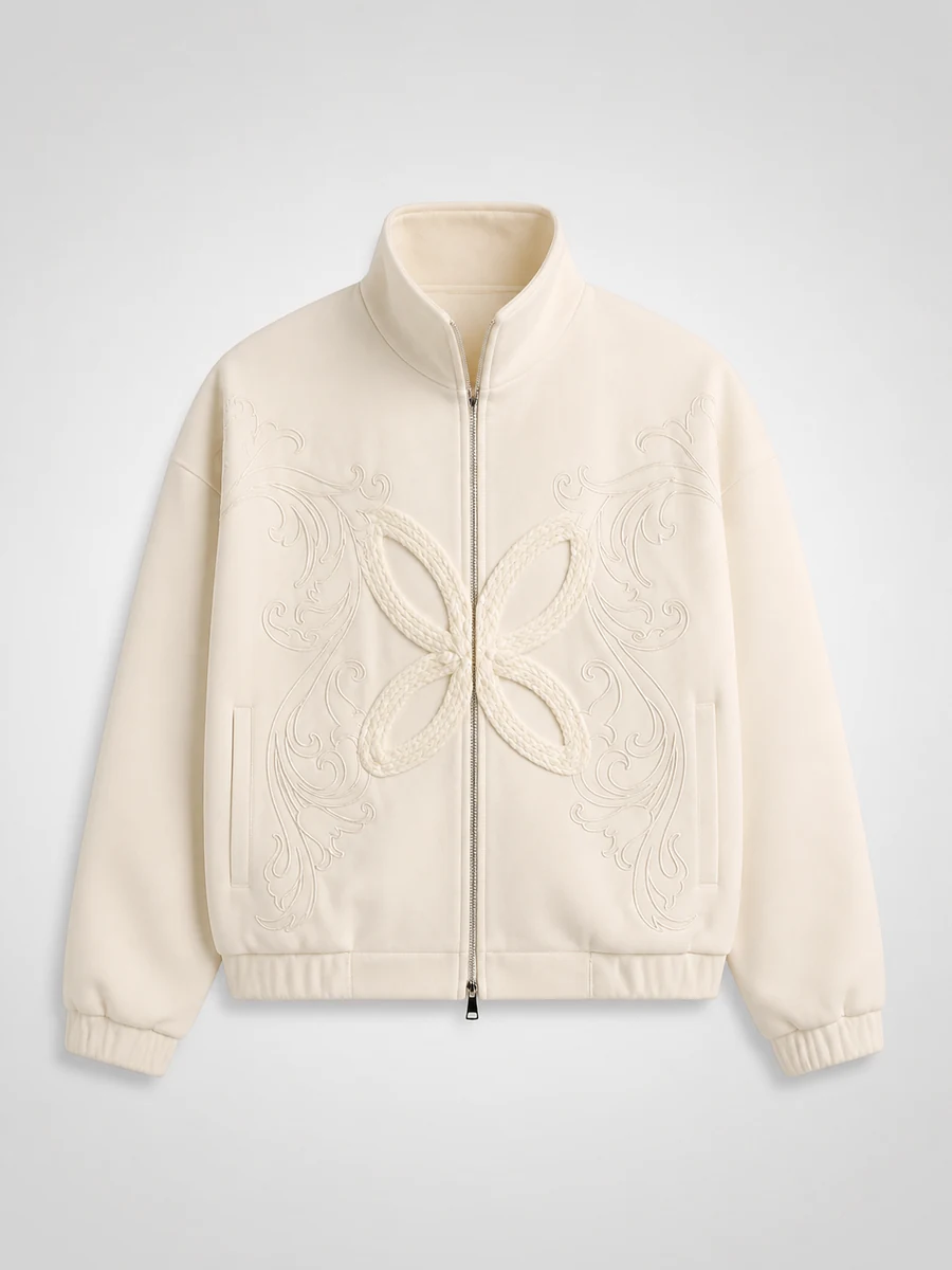 Embroidery Fleur Oversized Cropped Fleece Jacket - Crema