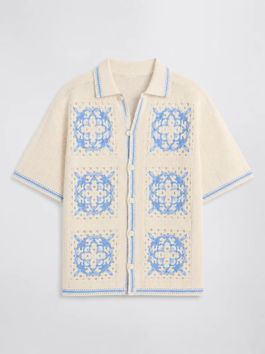 Lido Isle Crochet Button Up Shirt - Crema