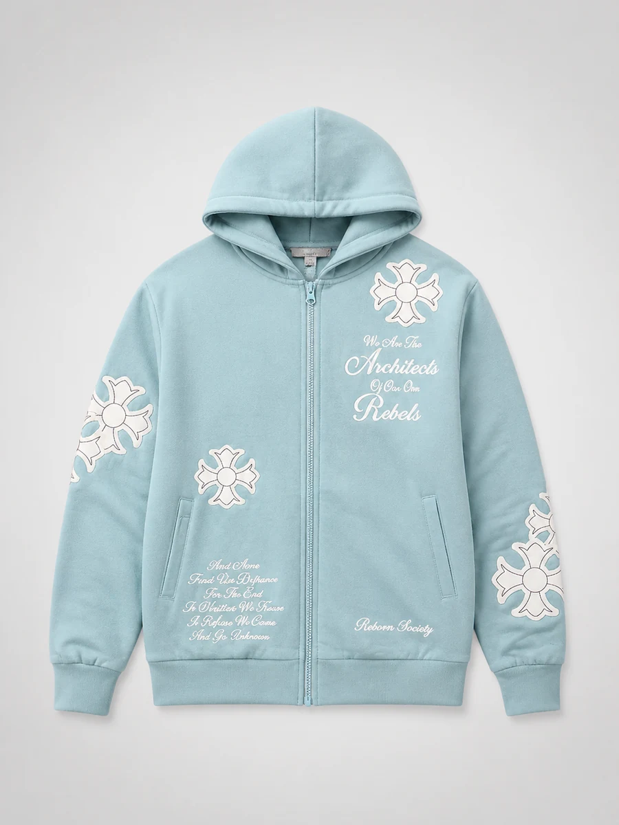 Rebellion Cross Applique Zip Up Hoodie - Celeste