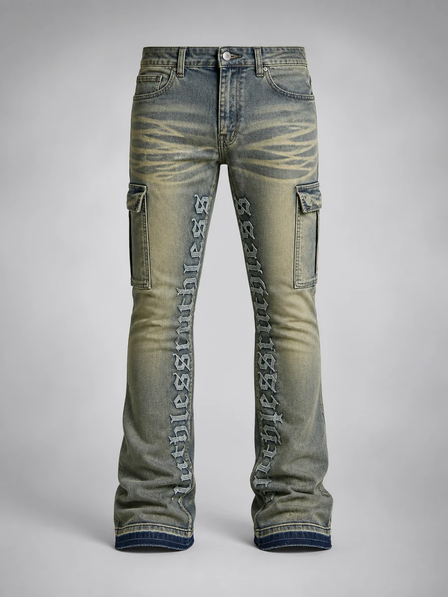 Ruthless Embroidered Stacked Skinny Cargo Flare Jeans - Deslavado Medio