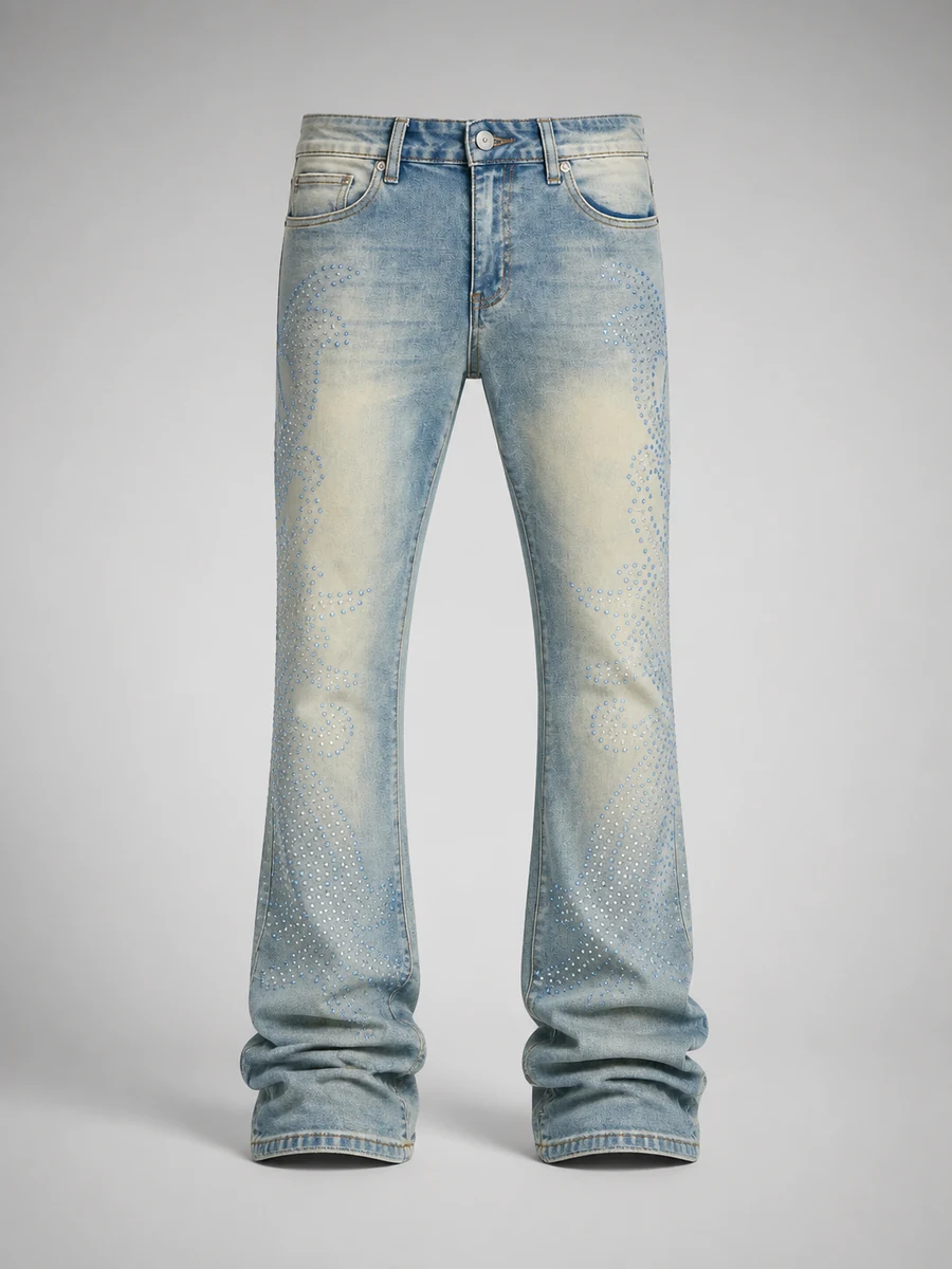 Stacked Skinny Flare Jeweled Sky Rays Jean - Deslavado Azul Claro