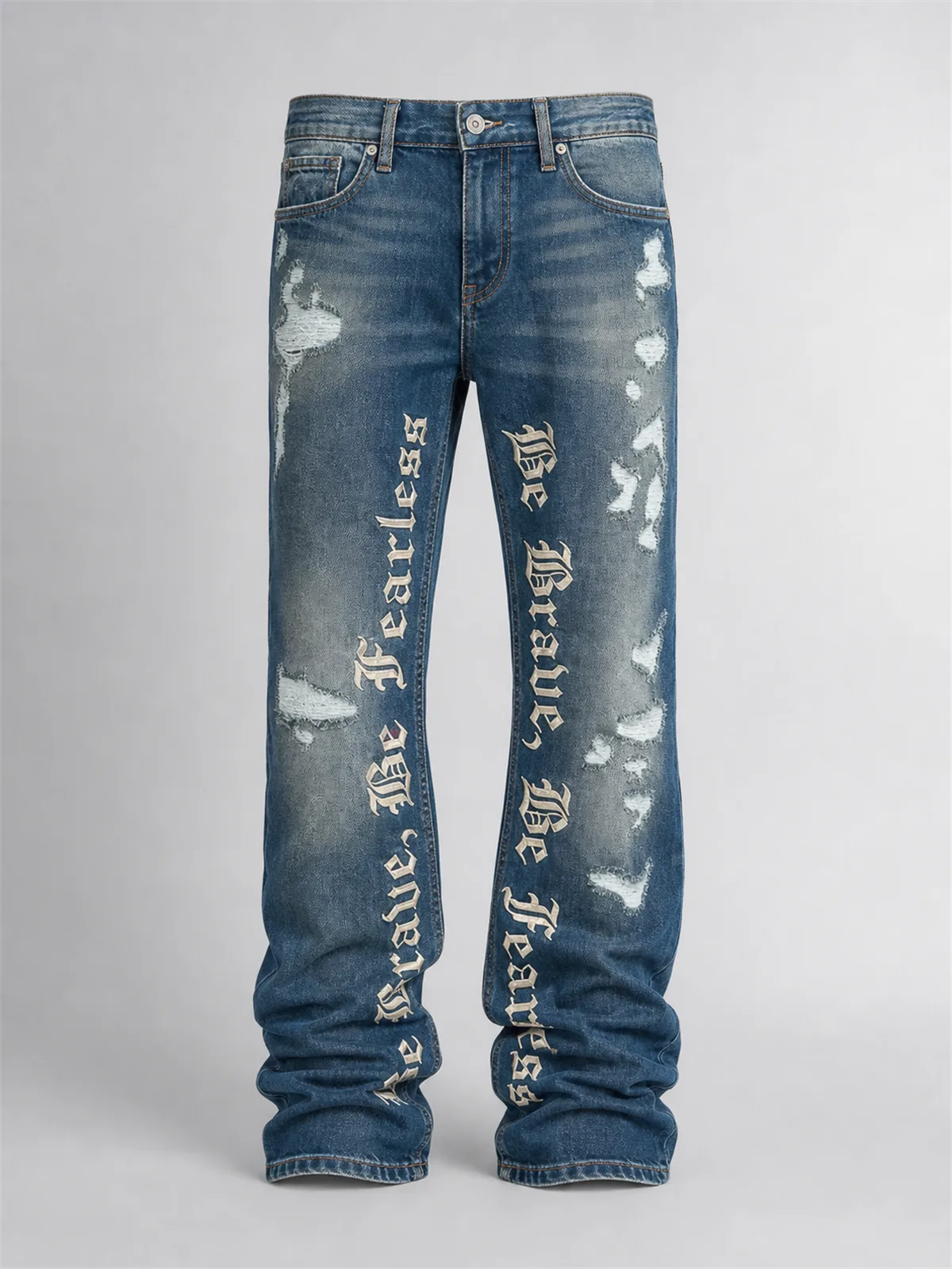 Stacked Skinny Flare Be Brave Be Fearless Embroidered Jean - Deslavado Oscuro