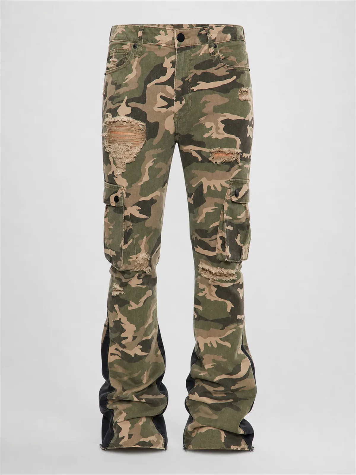 Contrast Skinny Stacked Flared Cargo Pants - Camuflaje