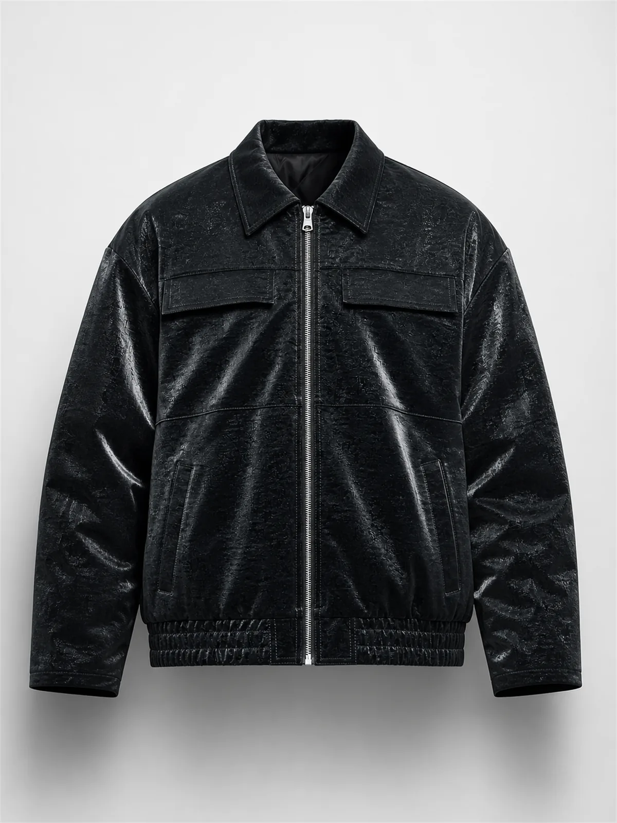 Cropped Coated Padded Faux Leather Bomber Jacket - Negro