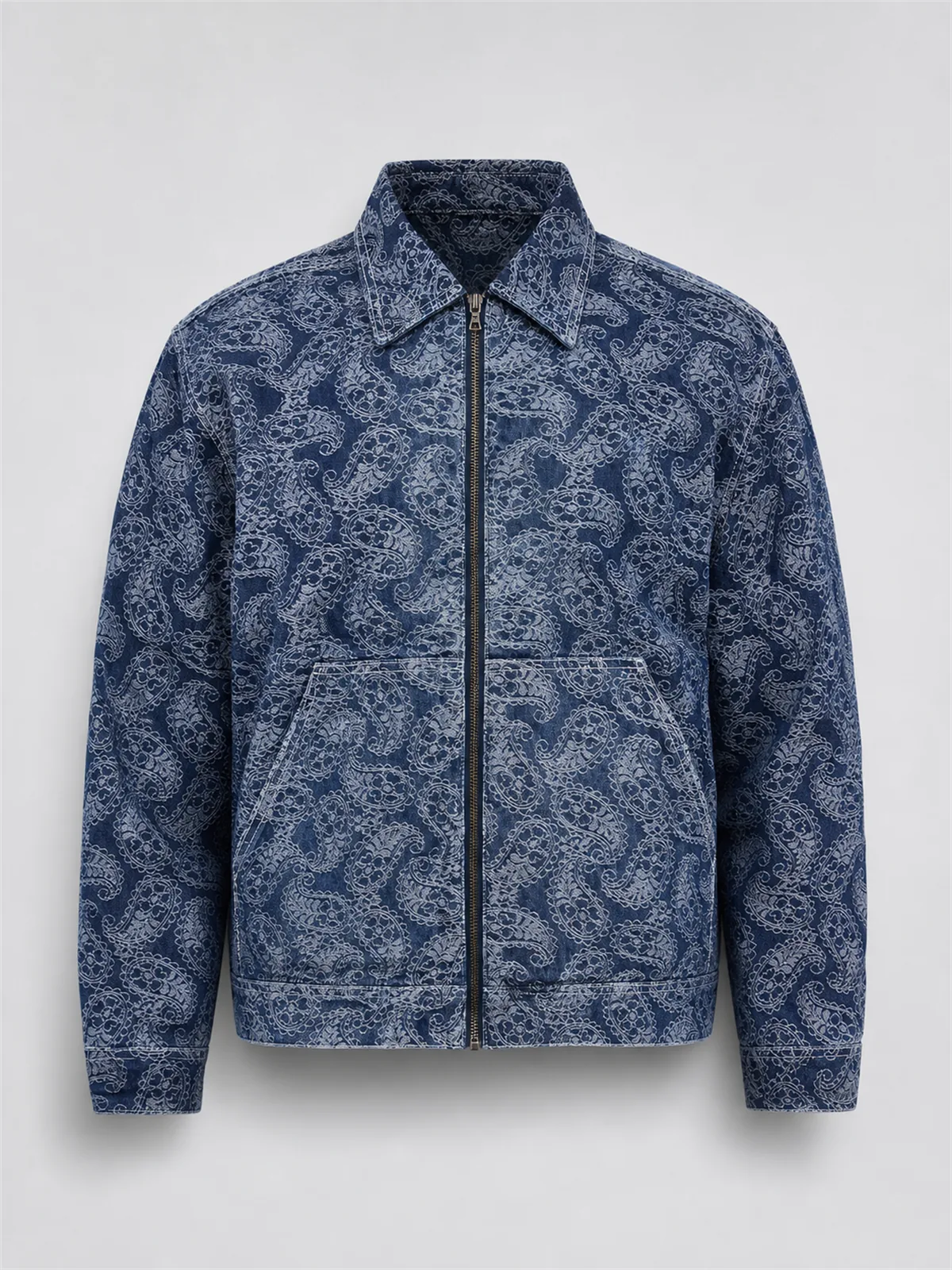 Cropped Paisley Jacquard Denim Work Jacket - Azul Oscuro