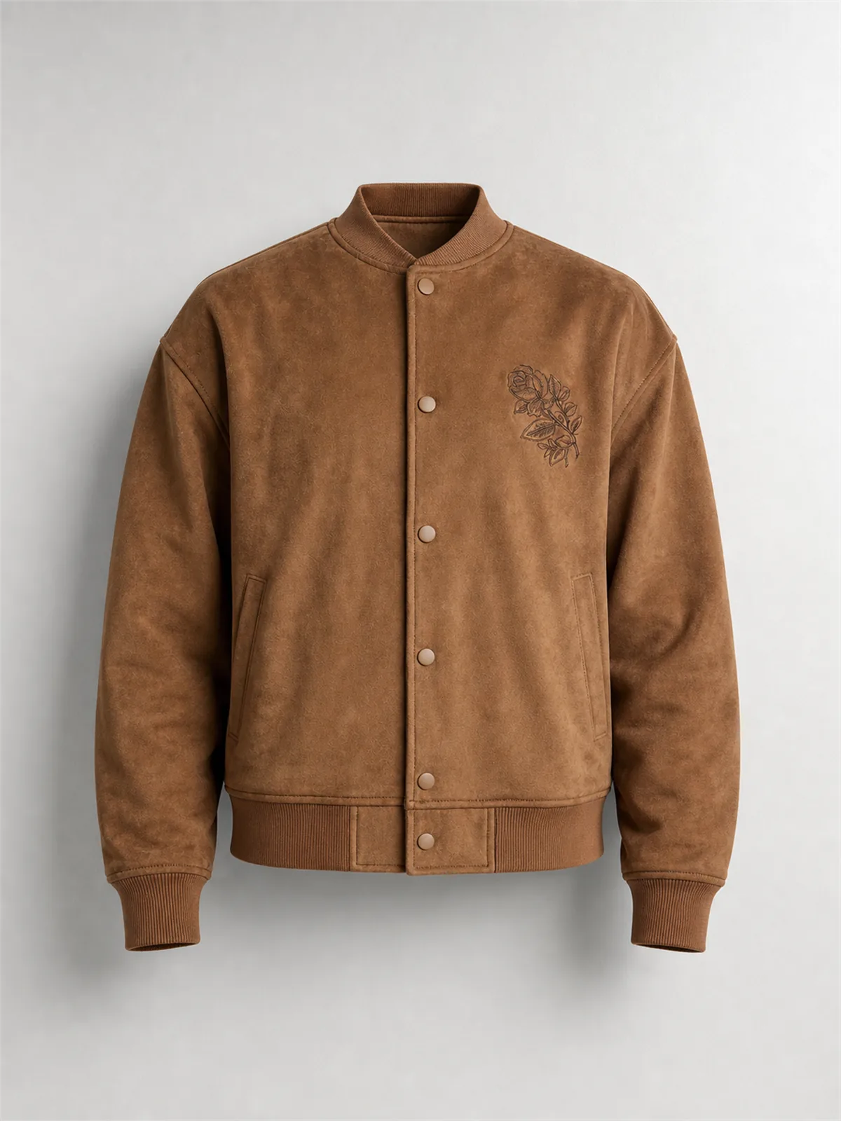 Faux Suede Embroidered Blossom Bomber Jacket - Camel