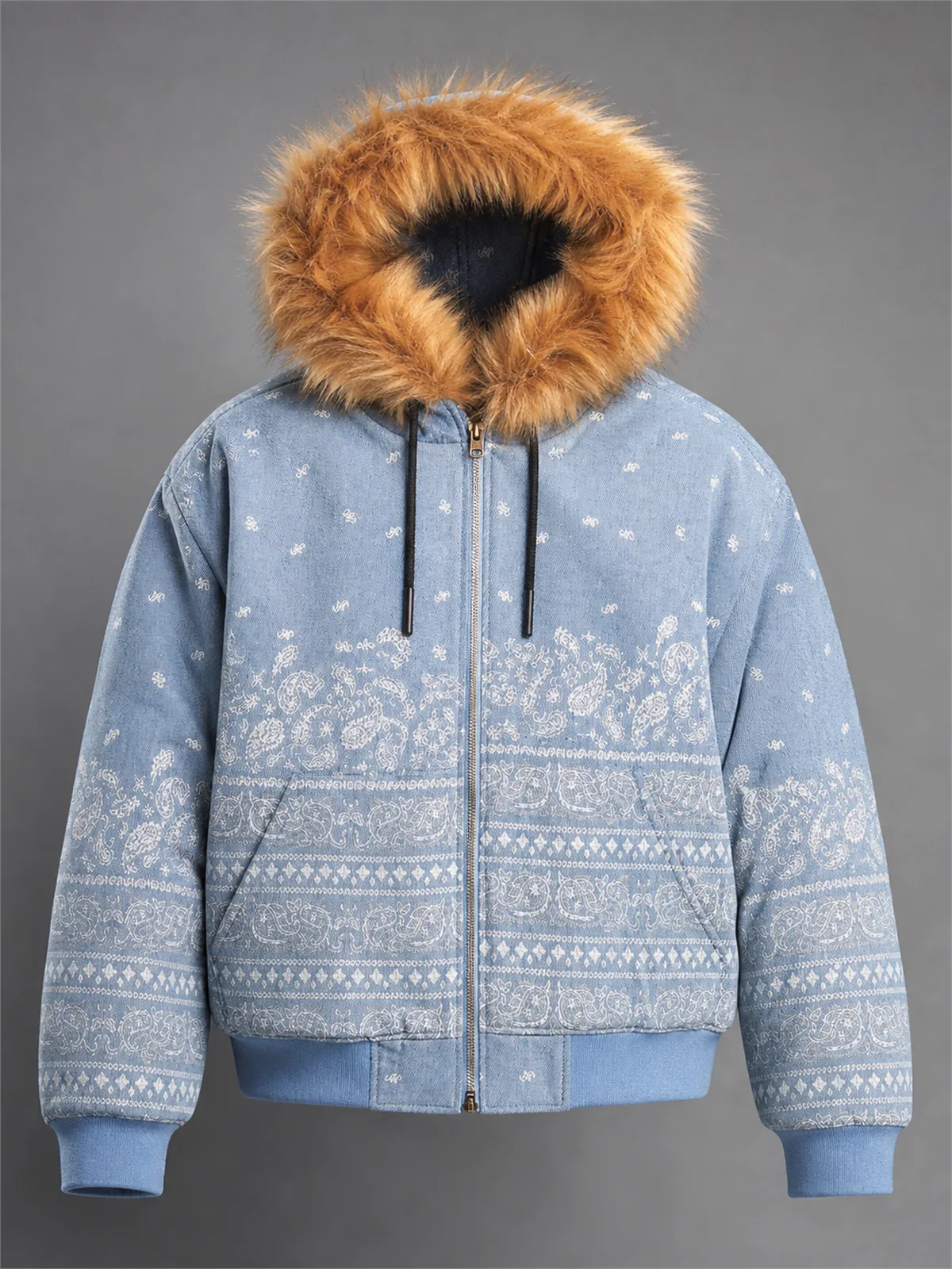 Hooded Paisley Jacquard Padded Parka - Azul