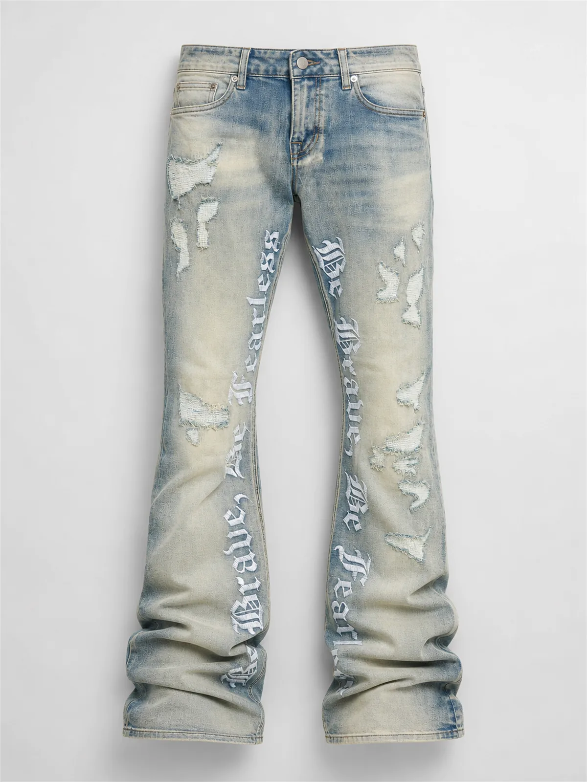 Stacked Skinny Flare Be Brave Be Fearless Embroidered Jean - Deslavado Azul Vintage