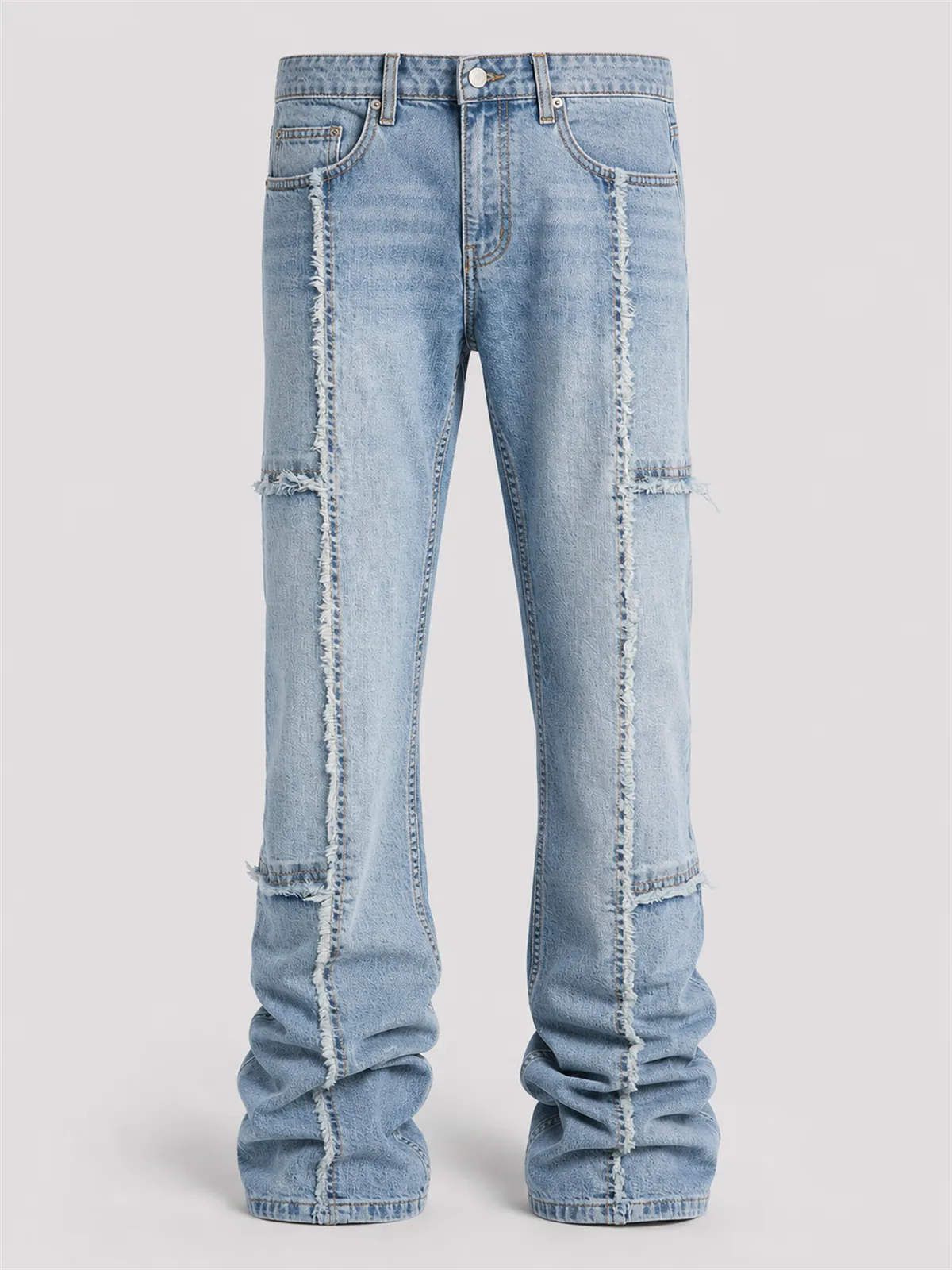 Stacked Skinny Flare Frayed Along Panel Jean - Deslavado Azul Medio
