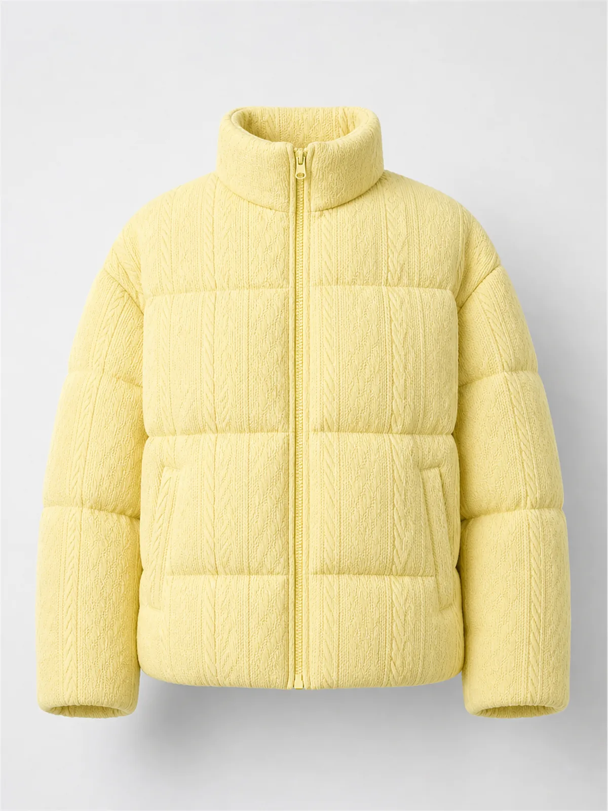 Textured Cable Knit Cabin Puffer Jacket - Amarillo