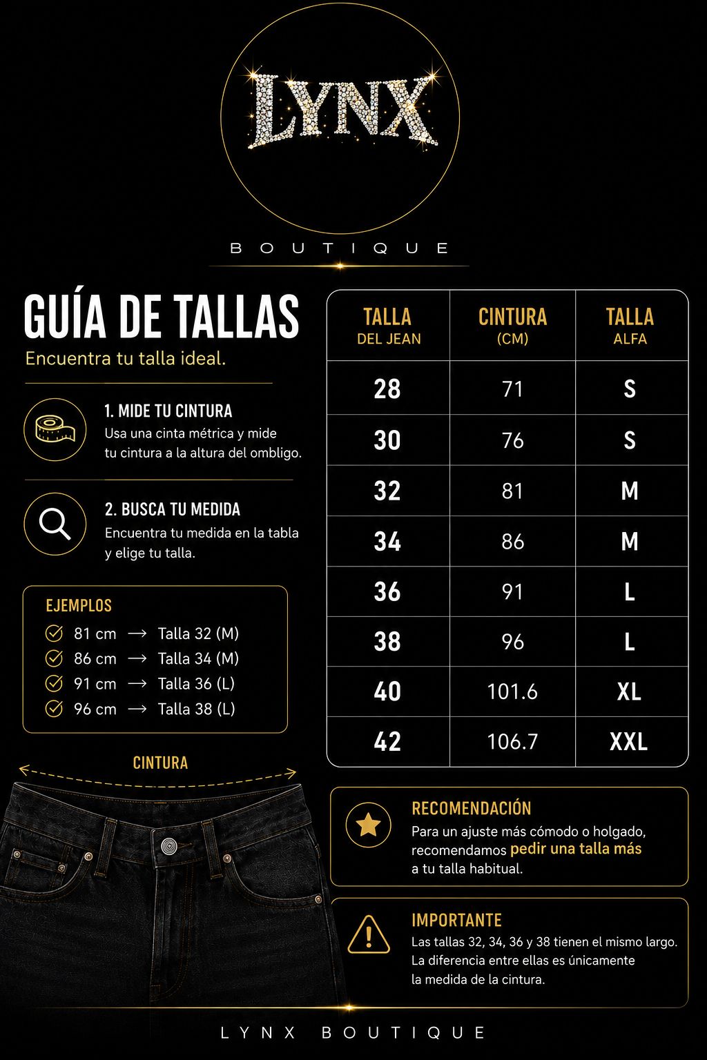 Guía de tallas oficial byLynx Boutique para jeans